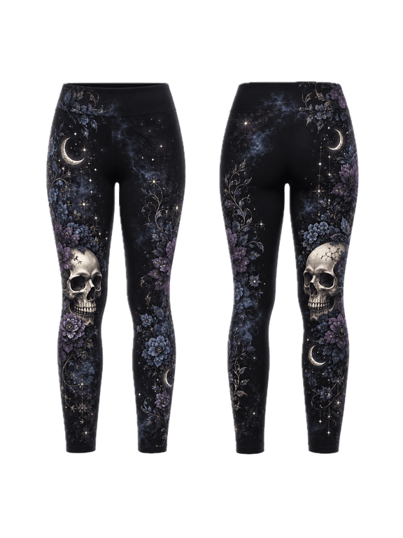 Moonlit Floral Skull Standard Leggings, Gothic Night Yoga Pants