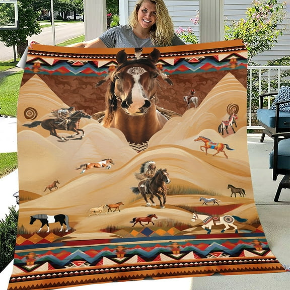 Lotusprinthandmade Native America Inspired Horse Fleece Blanket 2 Sizes (Made in US) (60"x50"), Tribal Horse Design Fleece Blanket