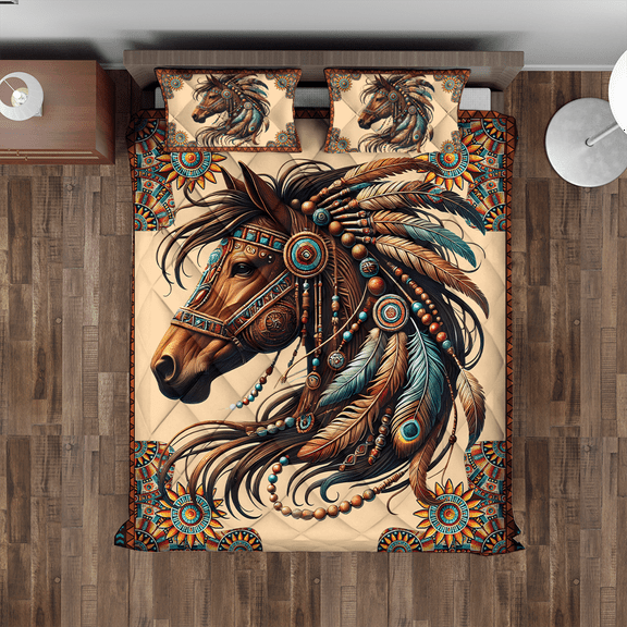 Lotusprinthandmade Native America Inspired Horse Quilt Bedding Set (Fold Hem) 5 Sizes (Made in Vietnam) (55x60), Tribal Horse Quilt Bedding