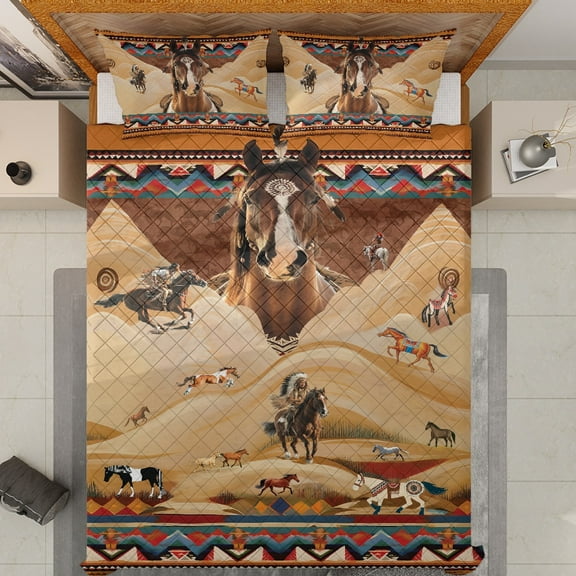 Lotusprinthandmade Native America Inspired Horse Quilt Bedding Set (White Binding) 5 Sizes (Made in Vietnam) (55x60), Cozy Tribal Horse Quilt Set