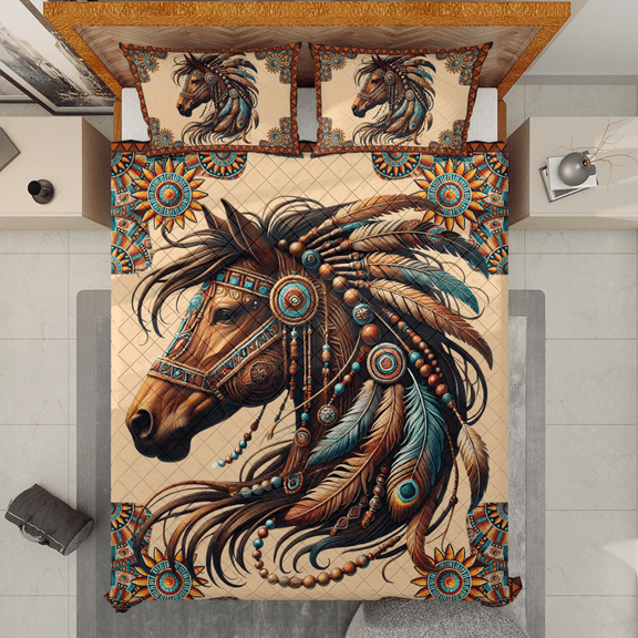 Lotusprinthandmade Native America Inspired Horse Quilt Bedding Set (White Binding) 5 Sizes (Made in Vietnam) (90x100), Tribal Horse Quilt Bedding
