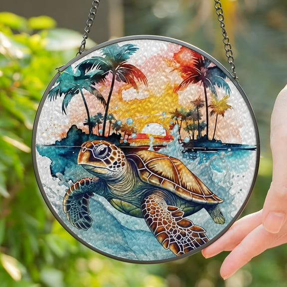Lotusprinthandmade Ocean Sea Turtle Stained Glass Suncatcher for Window Hanging Cir4in, Coastal Window Hanging Marine Life Decor