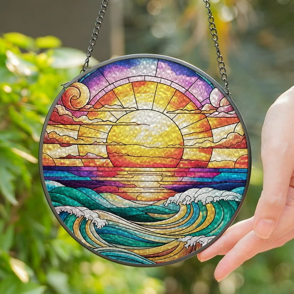 Lotusprinthandmade Ocean Sunset Stained Glass Suncatcher for Window Hanging Cir4in, Beach Coastal Decor Art