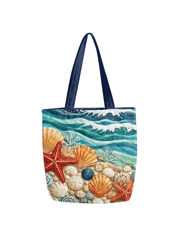Ocean Wave Seashell Quilted Tote Bag Multicolor, Starfish Coastal Beach Shoulder Bag for Women