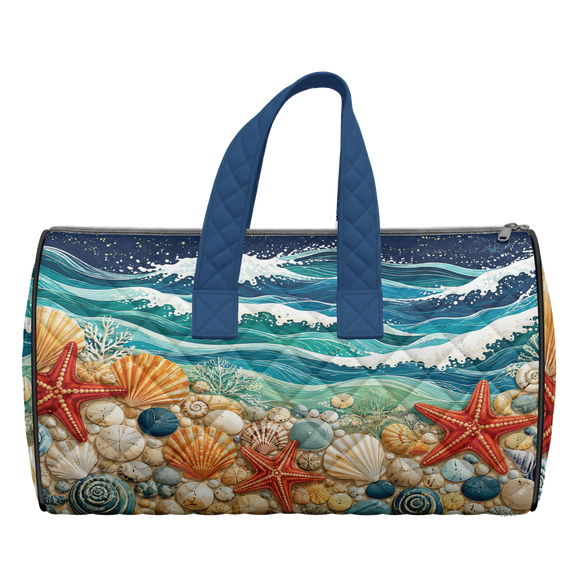 Lotusprinthandmade Ocean Wave Seashell Quilted Weekend Bag, Starfish Coastal Beach Travel Duffel Bag