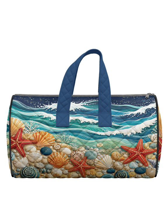 Ocean Wave Seashell Quilted Weekend Bag, Starfish Coastal Beach Travel Duffel Bag