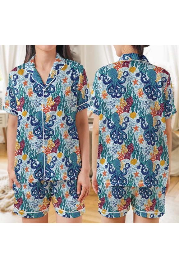 Octopus Art All-over Print Satin Short-Sleeve Pajamas Set (No Pocket) (S) – Octopus Outfit Set