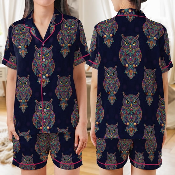 Lotusprinthandmade Owl Satin Short Sleeve Pajamas Set No Pocket M