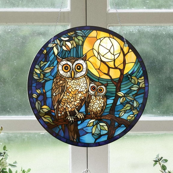 Lotusprinthandmade Owl Animal and Moon Custom Shape Window Hanging Acrylic Ornament (10x10), Owl Acrylic Ornament