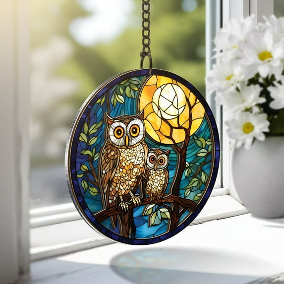 Lotusprinthandmade Owl Animal and Moon Custom Shape Window Hanging Suncatcher 8.9in – Window Hanging With Owl Animal and Moon Theme