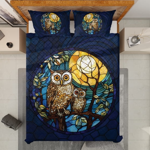 Lotusprinthandmade Owl Animal and Moon Quilt Bedding Set (Fold Hem) 5 Sizes (Made in Vietnam) (80x90), Owl Quilt Bedding Set