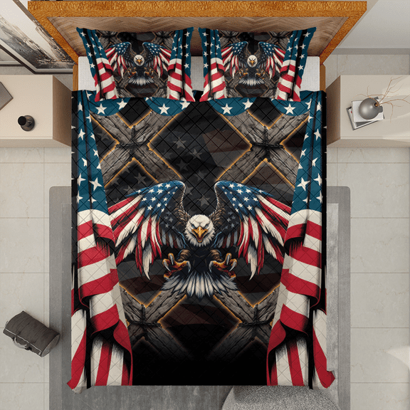 Lotusprinthandmade Patriotic America Flag Eagle Quilt Bedding Set (White Binding) 5 Sizes (Made in Vietnam) (55x60), America Flag And Eagle-Themed Quilt Bed Set