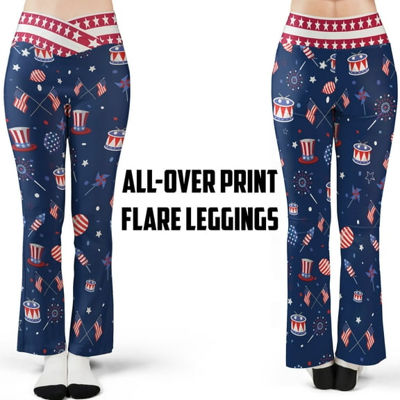 Lotusprinthandmade Patriotic America Flag Print All-over Print Flare Leggings XS-5XL (XS), High-Waist Leggings For Lovers