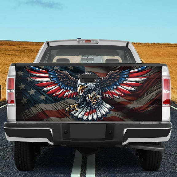 Lotusprinthandmade Patriotic Bald Eagle with US Flag Tailgate Wrap 2 Sizes (26"x66"), patriotic eagle tailgate wrap, us flag truck decal