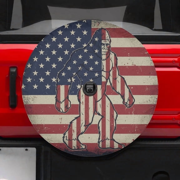 Lotusprinthandmade Patriotic Bigfoot America Flag Spare Tire Cover With Backup Camera Hole 6 Sizes (27 in.), bigfoot outdoor tire cover