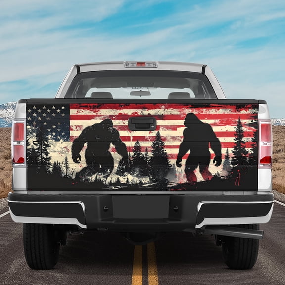 Lotusprinthandmade Patriotic Bigfoot With America Flag Tailgate Wrap 2 Sizes (24"x58"), bigfoot tailgate wrap, patriotic truck wrap