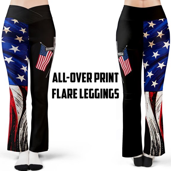 Lotusprinthandmade Patriotic Christian America Flag Print All-over Print Flare Leggings XS-5XL (5XL), High-Waist Leggings For Lovers