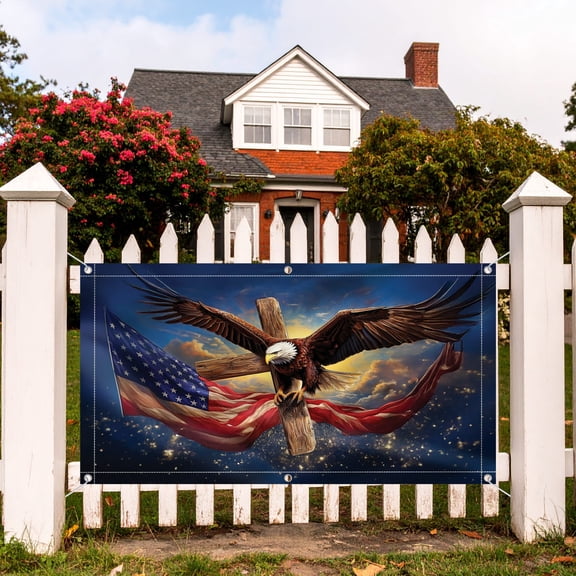 Lotusprinthandmade Patriotic Eagle America Flag 100% Polyester Rectangle Fence Flag (108x36 inches), Patriotic Symbol Fence Flag