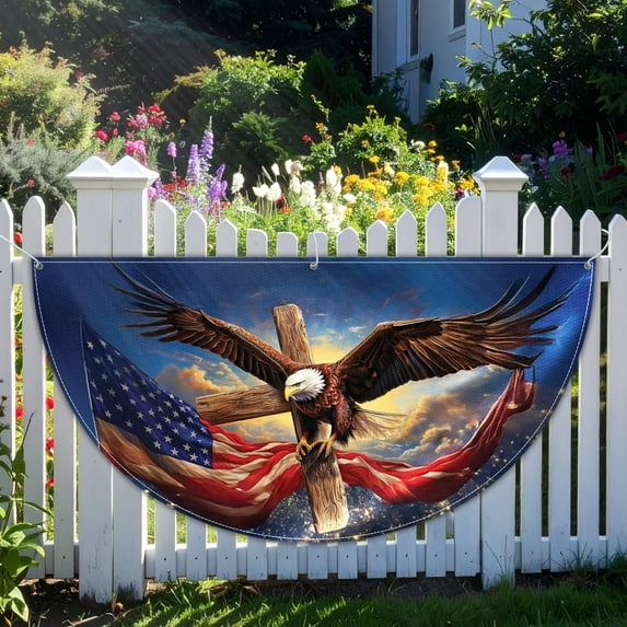 Lotusprinthandmade Patriotic Eagle America Flag 100% Polyester Semicircle Fence Flag (18x36 inches), Patriotic Eagle America Flag