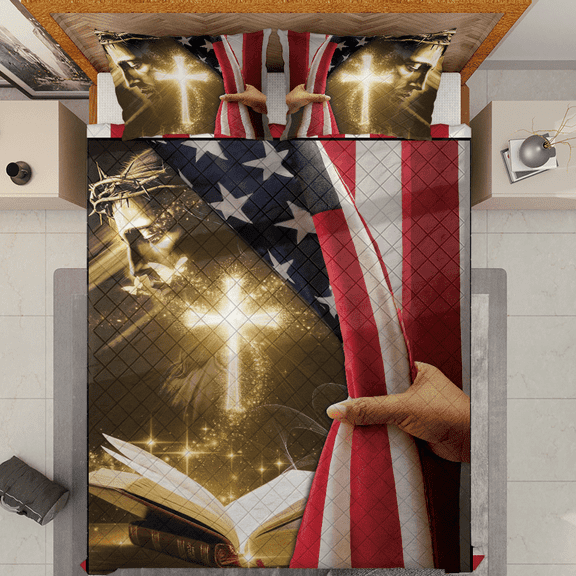 Lotusprinthandmade Patriotic Quilt Bed Set With Cross And Jesus Design Quilt Bedding Set (White Binding) 5 Sizes (70x80)
