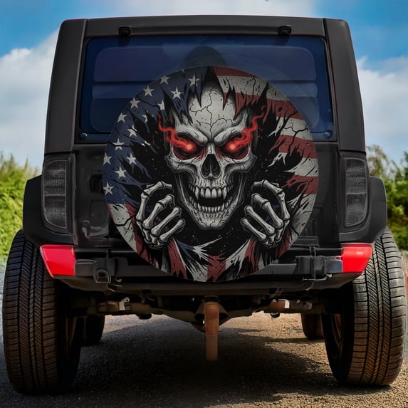 Lotusprinthandmade Patriotic Skull with America Flag Spare Tire Cover Without Backup Camera Hole 6 Sizes (30 in.), patriotic skull tire cover, us flag skull spare tire