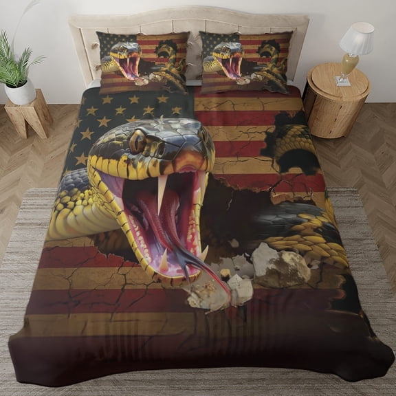 Lotusprinthandmade Patriotic Snake and Skull America Flag Graphic Bedding Set, Multicolor, 104x88