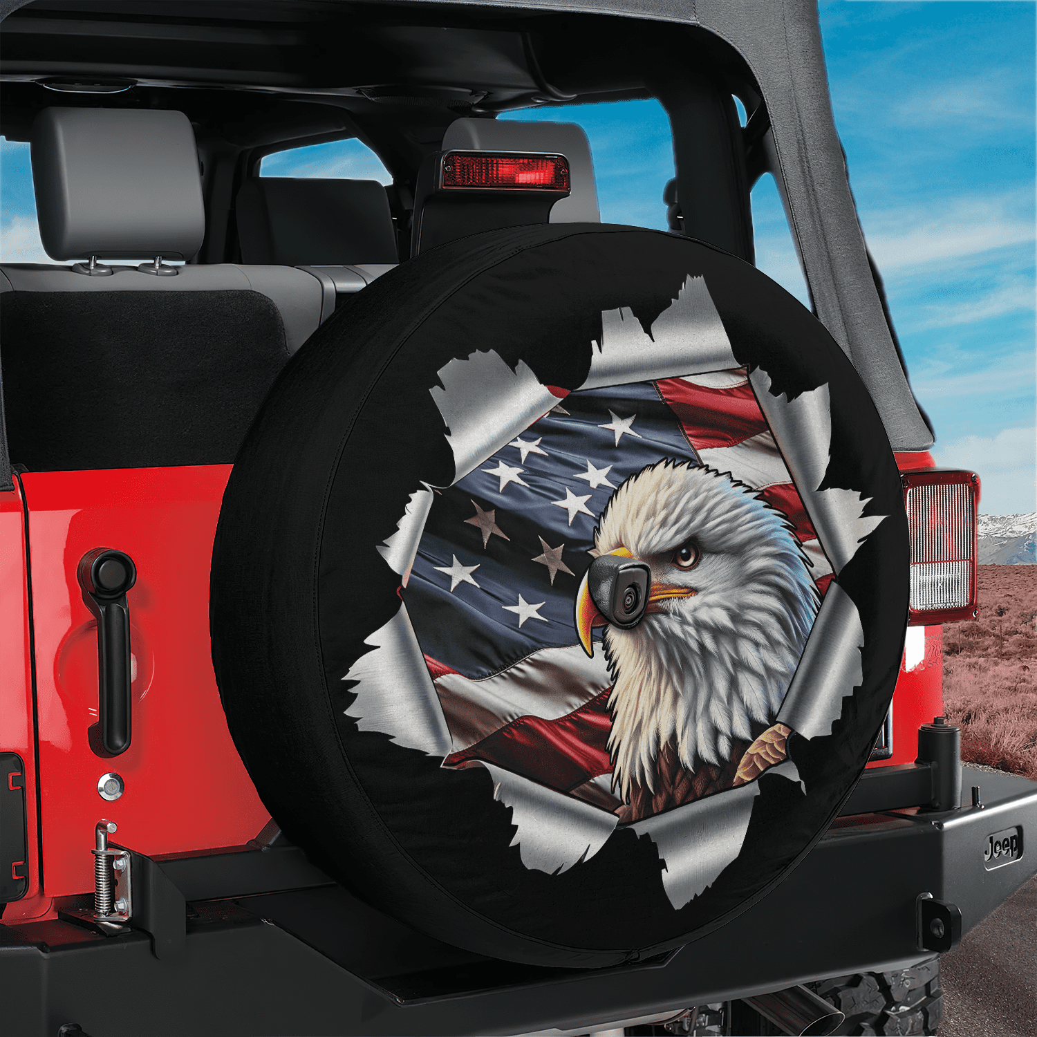 American Flag Spare Tire Cover - 14 Inch Rustic Patriotic Bird Design, Fits Trailers, RVs, SUVs & Trucks