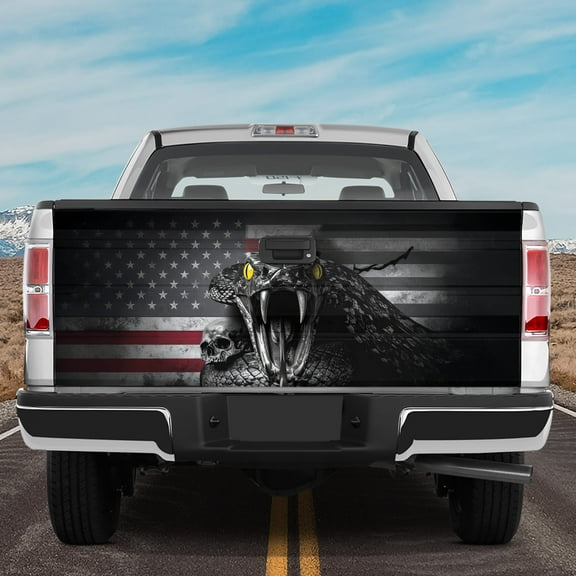 Lotusprinthandmade Patriotic US Flag Snake & Skull 3D Tailgate Wrap 2 Sizes (24"x58"), Snake And Skull Pickup Decal