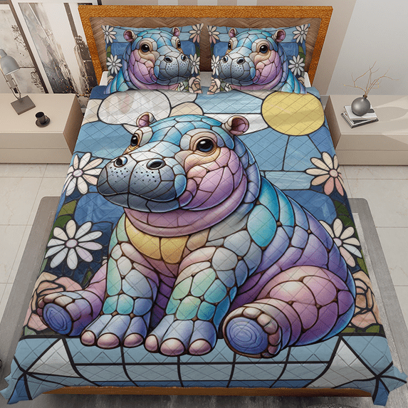 Lotusprinthandmade Peeking Hippo Pattern Quilt Bedding Set (White Binding) 5 Sizes (Made in Vietnam) (80x90), custom peeking hippo quilt bed set, peeking hippo quilt design