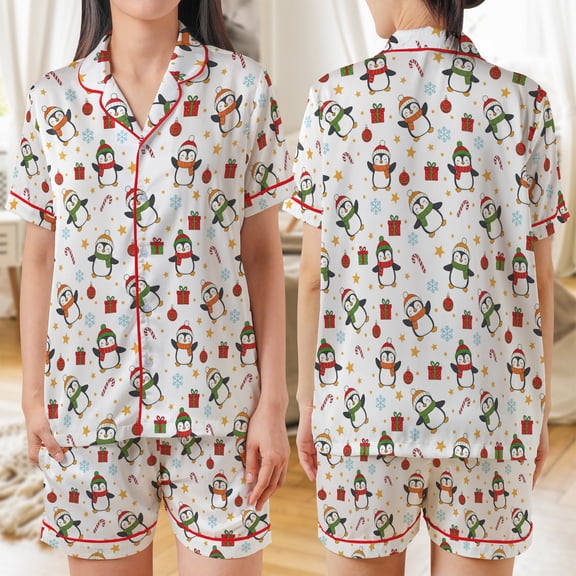 Lotusprinthandmade Penguin Christmas All-over Print Satin Short-Sleeve Pajamas Set (No Pocket) (M), cute penguin loungewear, christmas nightwear set