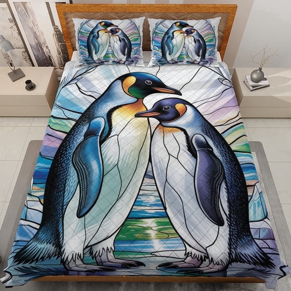 Lotusprinthandmade Penguin Couple Quilt Bedding Set, White Binding, 80x90