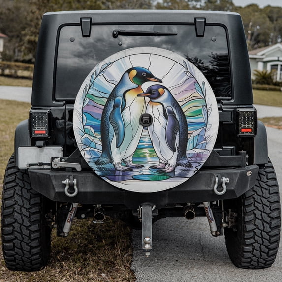 Lotusprinthandmade Penguin Couple Spare Tire Cover With Backup Camera Hole 6 Sizes (31 in.), cute penguin lovers spare tire cover