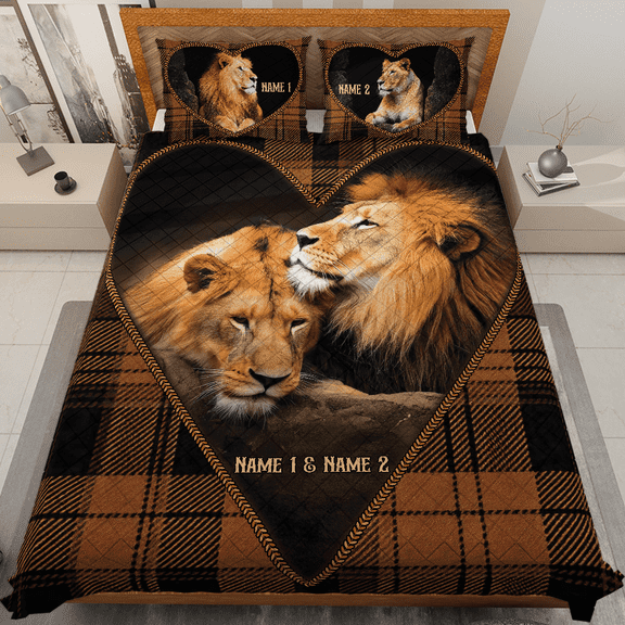Lotusprinthandmade Personalize Valentine’s Day Lion Couple Quilt Bedding Set (White Binding) 5 Sizes (80x90)