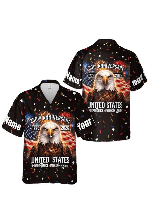 Personalized 250 Years Anniversary US Eagle Hawaiian Shirt Short-sleeve 2XL, Patriotic US Eagle Button Shirt