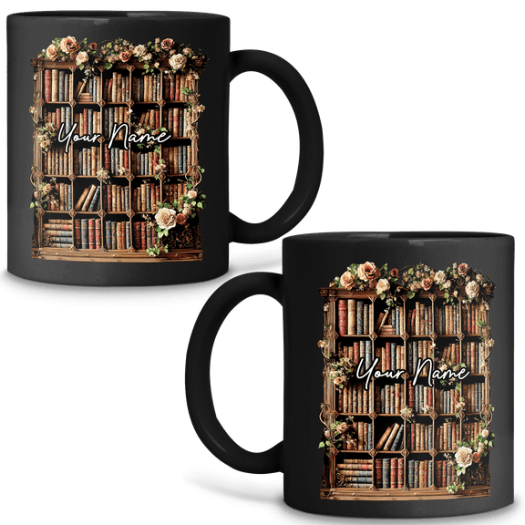 Lotusprinthandmade Personalized 3D Bookshelf and Flower Black Ceramic Mug (11oz) (Made In US), Personalized Bookshelf Coffee Mug, Floral Bookshelf Mug Design, Custom Name Book Lover Mug