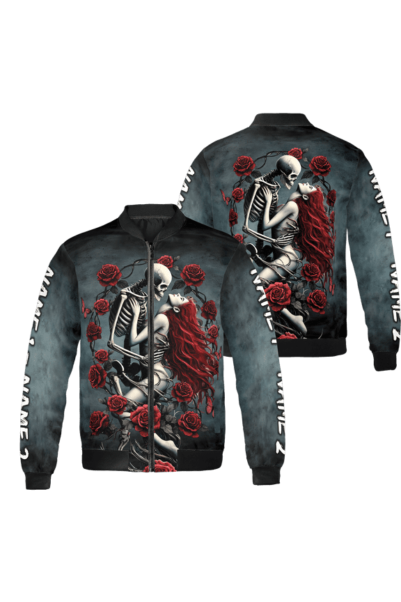 Personalized 3D Floral Skeleton Skull Couple All-over Print Bomber Jacket S-5XL Multicolor (5XL), skull and floral jacket