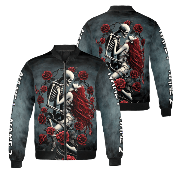 Lotusprinthandmade Personalized 3D Floral Skeleton Skull Couple All-over Print Bomber Jacket S-5XL Multicolor (S), skull and floral jacket