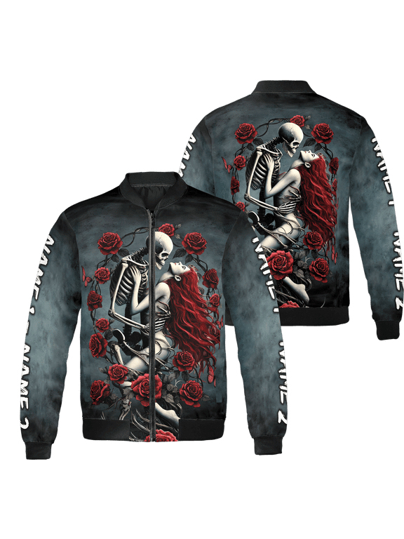 Personalized 3D Floral Skeleton Skull Couple All-over Print Bomber Jacket S-5XL Multicolor (S), skull and floral jacket