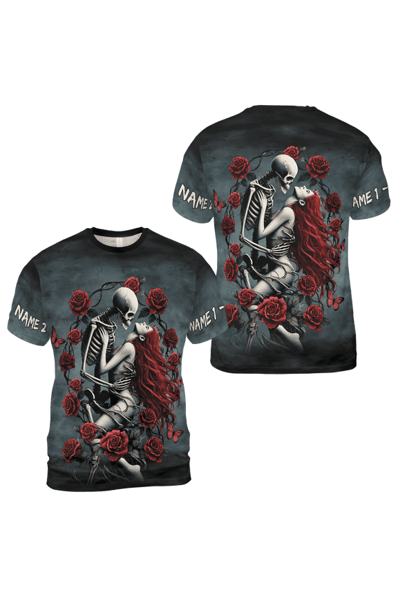 Personalized 3D Floral Skeleton Skull Couple Unisex T-shirt 3D S-5XL Multicolor (L), custom name skull lovers 3d tee