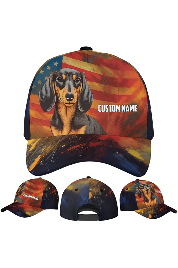 Personalized America Flag Dachshund Lovers Classic Baseball Cap One Size Multicolor, custom name dachshund patriotic hat