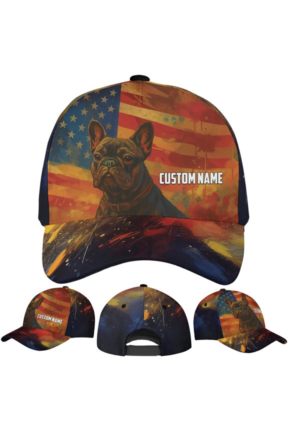 Personalized America Flag French Bulldog Lovers Classic Baseball Cap One Size Multicolor, custom name french bulldog patriotic hat