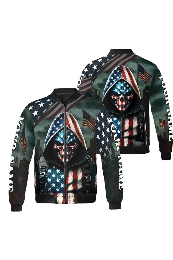 Personalized America Flag Skull Skeleton All-over Print Bomber Jacket S-5XL Multicolor (2XL), custom name skull bomber jacket