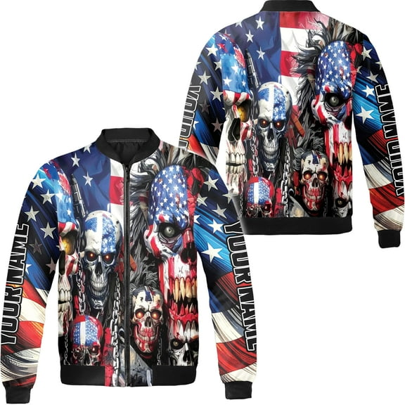 Lotusprinthandmade Personalized America Flag Skull Skeleton Bomber Jacket S-5XL Multicolor (5XL), custom skull skeleton us flag bomber, america flag bomber jacket