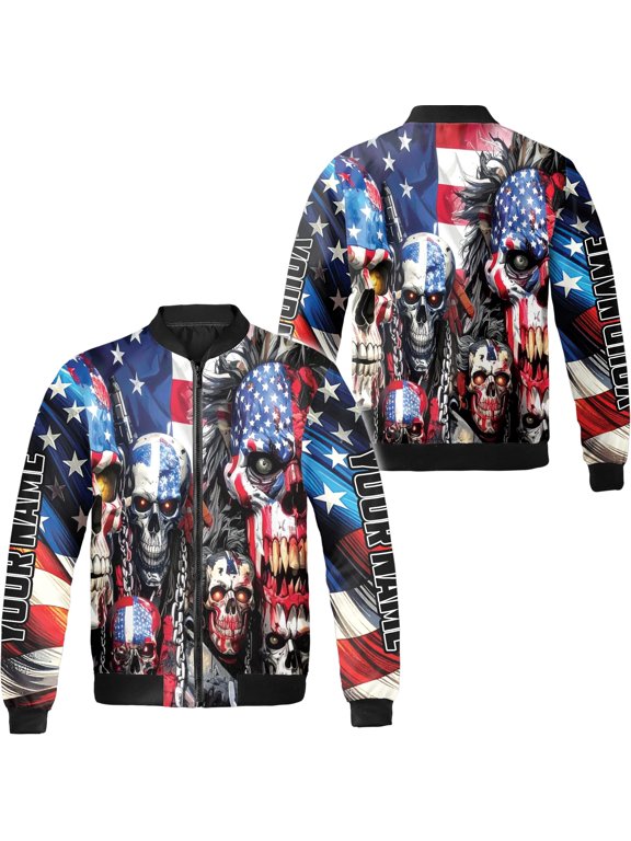 Personalized America Flag Skull Skeleton Bomber Jacket S-5XL Multicolor (5XL), custom skull skeleton us flag bomber, america flag bomber jacket