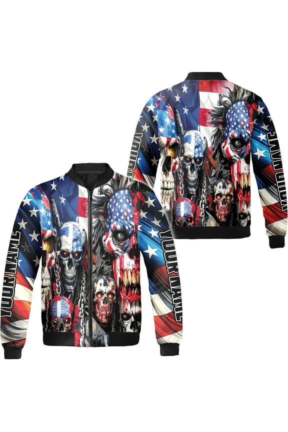 Personalized America Flag Skull Skeleton Bomber Jacket S-5XL Multicolor (5XL), custom skull skeleton us flag bomber, america flag bomber jacket
