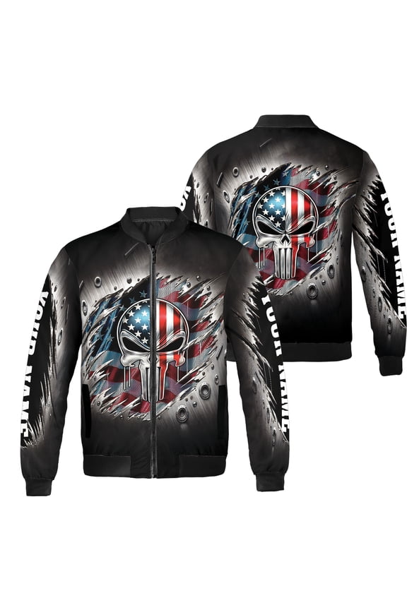 Personalized America Flag Skull Skeleton Bomber Jacket S-5XL Multicolor (L), custom skull skeleton us flag bomber, america flag bomber jacket