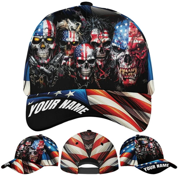 Lotusprinthandmade Personalized America Flag Skull Skeleton Classic Baseball Cap One Size Multicolor, custom name patriotic skull hat, america flag skeleton embroidered cap