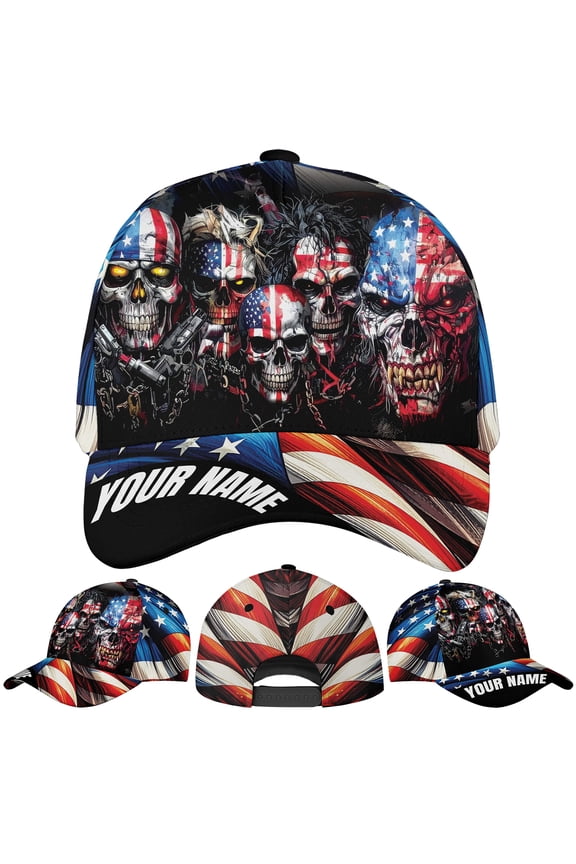Personalized America Flag Skull Skeleton Classic Baseball Cap One Size Multicolor, custom name patriotic skull hat, america flag skeleton embroidered cap