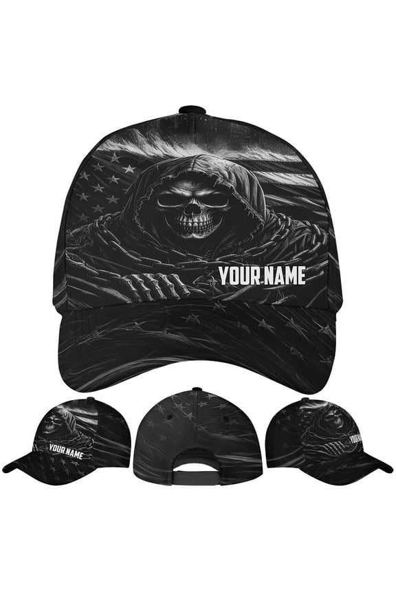 Personalized America Flag Skull Skeleton Halloween Classic Baseball Cap One Size Multicolor, custom name patriotic skull hat