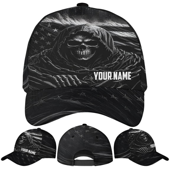 Lotusprinthandmade Personalized America Flag Skull Skeleton Halloween Classic Baseball Cap One Size Multicolor, custom name patriotic skull hat